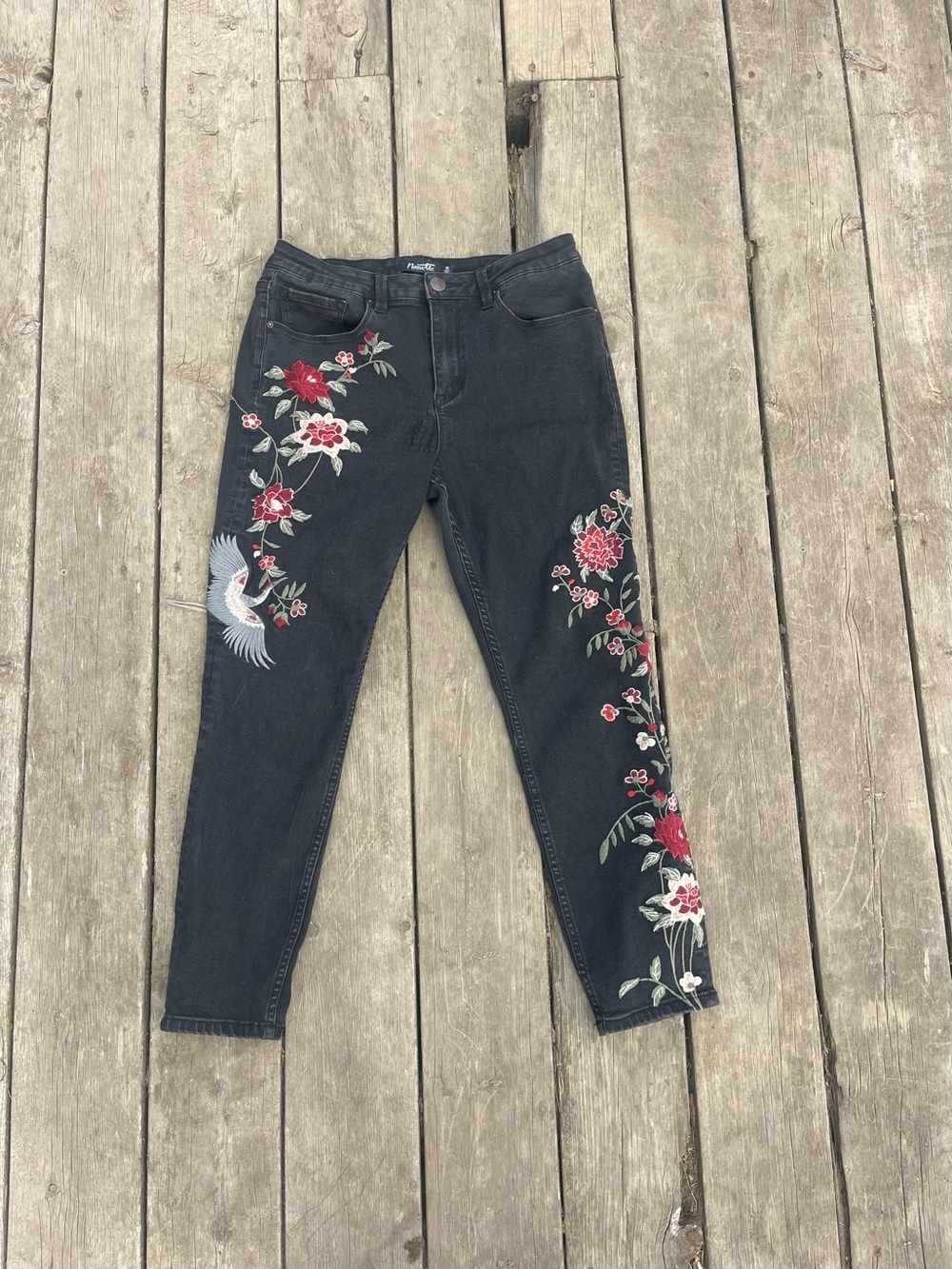 Nanette Lepore Black Skinny Jeans with Red & White Floral Embroidery